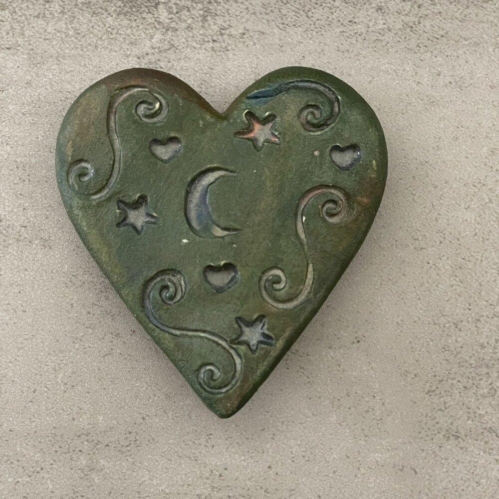 Jeremy Diller Raku Hand-Formed Moon Stars Blessed Heart Pottery 3" Paperweight